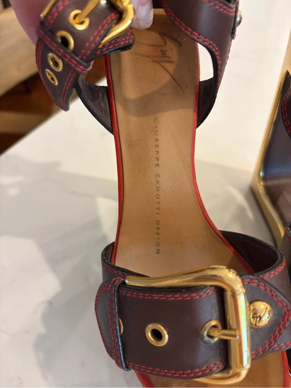 GIUSEPPE ZANOTTI “Bloc” sandals with gold wedge heel. Size 35 or U.S. 5. SO FUN!